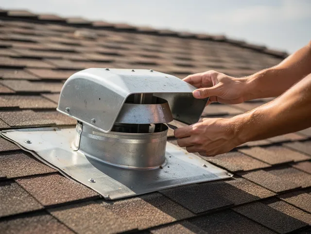 Stow Dryer Vent Cleaning certified technician safely cleaning a roof-mounted dryer vent in Stow