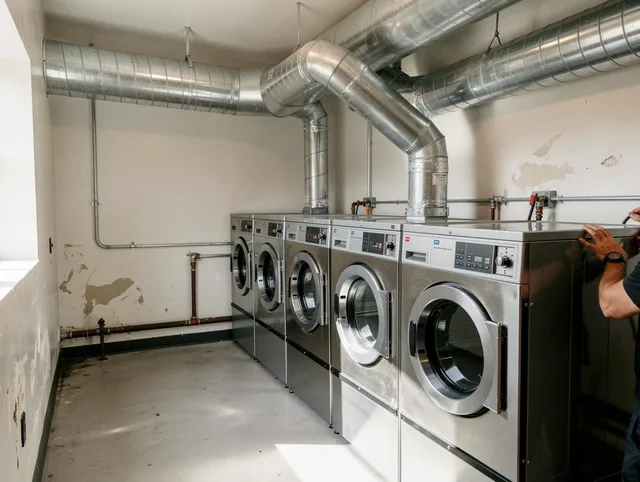 Stow Dryer Vent Cleaning team performing large-scale commercial dryer vent cleaning in Stow
