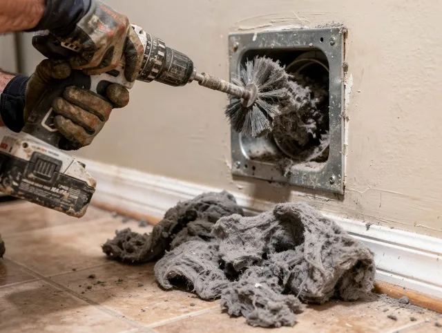 Certified Stow Dryer Vent Cleaning technician performing dryer vent cleaning in Stow