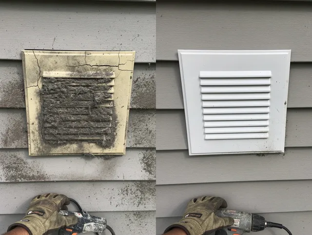Stow Dryer Vent Cleaning technician installing high-quality dryer vent cover at a residential property in Stow