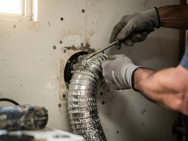 Stow Dryer Vent Cleaning technician performing precise dryer vent hose installation in Stow